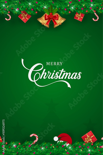 Christmas  Story, Merry Christmas Card with Christmas  
 Festive Border and Green Christmas  Background, Christmas  Poster, Post, Banner, 