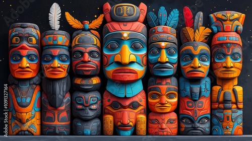 Northwest Coast Native Totem Poles Art photo