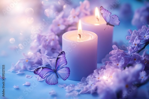 Purple candles with butterflies and lilacs around them photo