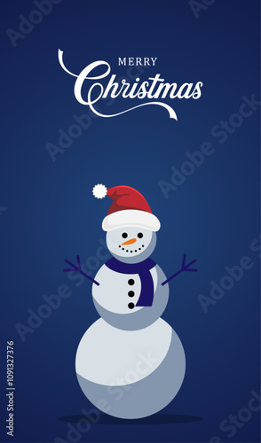 Merry Christmas Card with Cute Snowman in Santa Hat. Christmas Card Design. Christmas  Story,