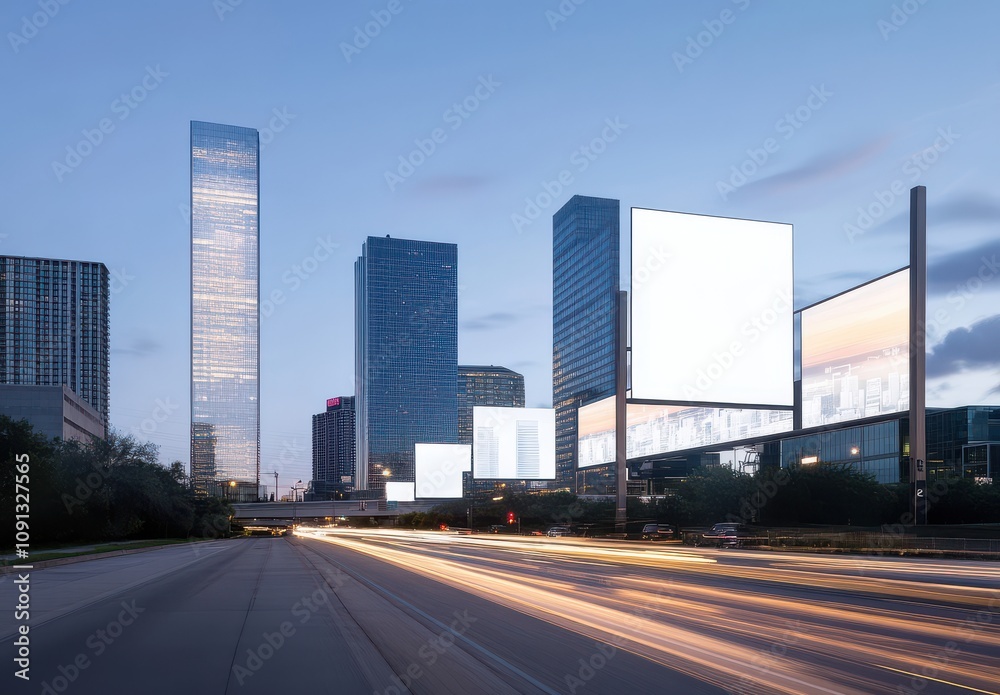 Obraz premium Urban Landscape at Dusk with Skyscrapers and Blank Billboards Illuminated by City Lights and Fast-Moving Traffic in a Modern Metropolis Environment