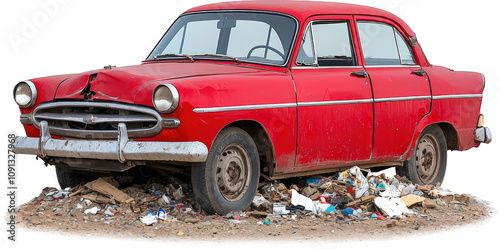 Vintage red car abandoned on trash heap photo