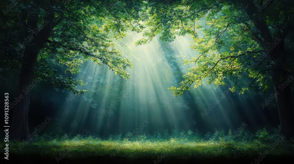 Obraz premium Ancient oak forest with dappled sunlight filtering through leaves, realistic painting, muted greens, serene and grounding