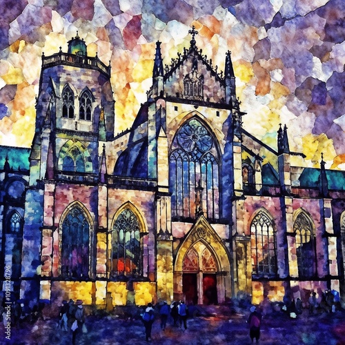 Stunning cathedral illuminated at dusk, depicted in vibrant watercolor style