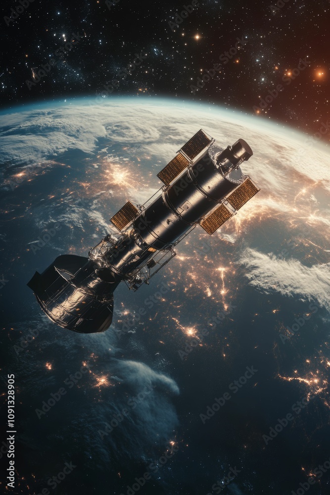 Obraz premium Satellite orbiting Earth, stars, city lights.