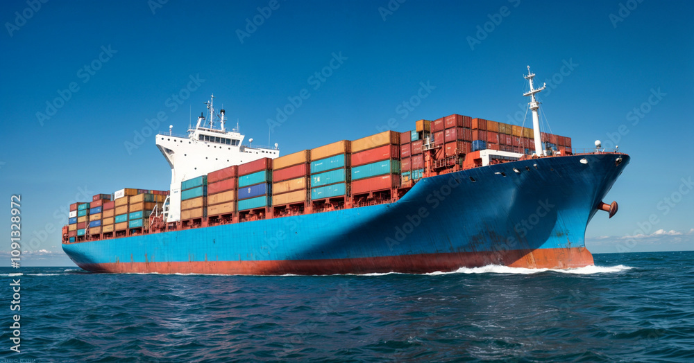 Fototapeta premium A large container ship navigating through the ocean under a clear blue sky, loaded with shipping containers, representing global trade, logistics, and maritime transportation.
