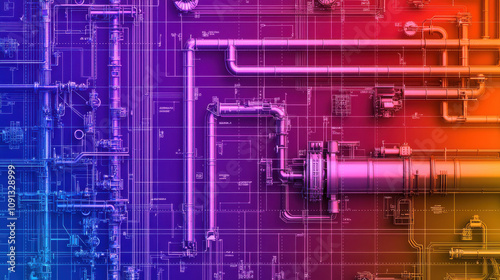 Brightly colored schematic of oil rig operation with pipes and valves