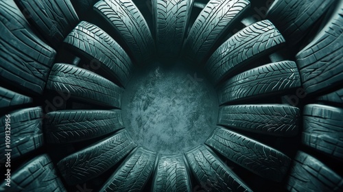 Multiple car tires displayed in a circle, showcasing their distinct tread patterns and size variations.
