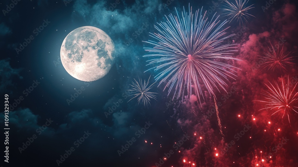 Fototapeta premium Red and blue fireworks exploding beside a supermoon, contrasting with the natural moonlight in a festive scene.