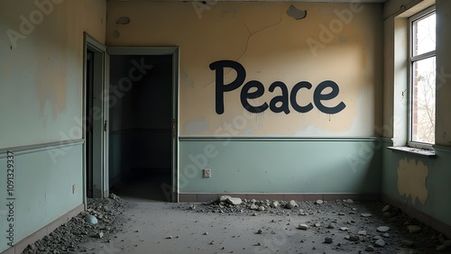 Peace Graffiti on Cracked Wall with Rustic Elements