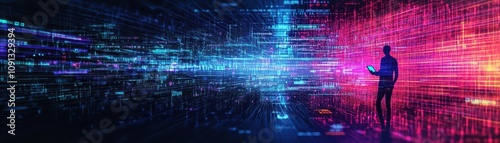 Wallpaper Mural Abstract concept of a smartphone user surrounded by flowing digital data streams, bright holographic colors, dark tech background, art Torontodigital.ca