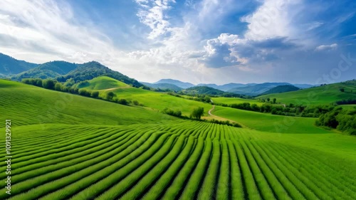Wallpaper Mural Expansive green hills and neatly patterned fields stretch under a striking blue sky filled with fluffy clouds during summer Torontodigital.ca
