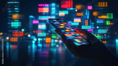 A person browsing on a curvededge smartphone, vibrant neon lights reflecting, urban nighttime setting, hightech, realistic illustration photo