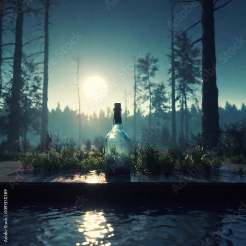 Forest minitown landscape trapped in a bottle, atmospheric oliva lighting, on the table, 4k UHD, dark vibes, hyper detailed, vibrant colours forest background, epic composition, octane render, sharp f photo