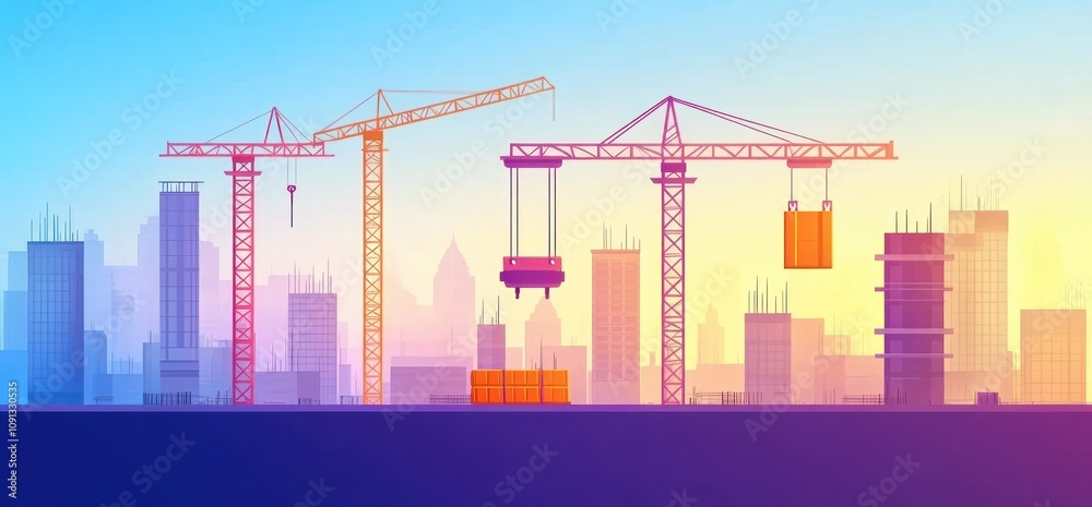 Obraz premium A colorful illustration shows cranes lifting construction materials in the background