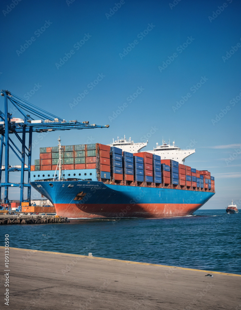 Fototapeta premium A large container ship navigating through the ocean under a clear blue sky, loaded with shipping containers, representing global trade, logistics, and maritime transportation.