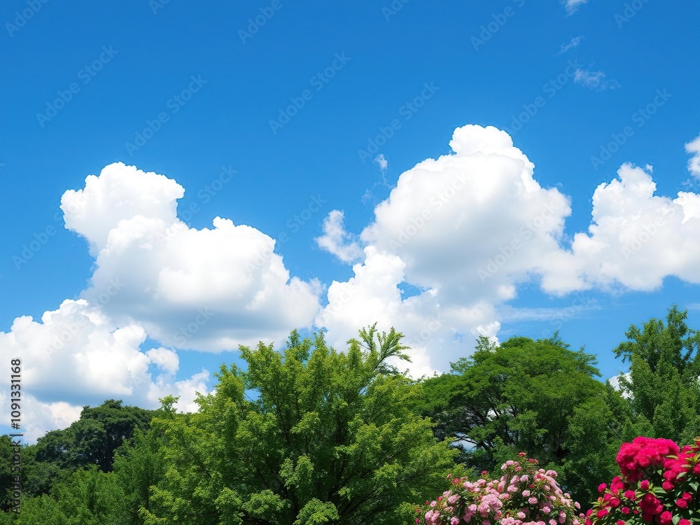 Fototapeta premium A bright blue sky filled with puffy white clouds against a backdrop of lush green trees and vibrant blooming flowers, greenery, blue sky