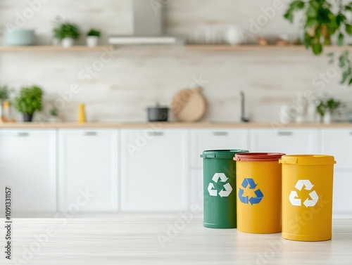 A home kitchen with labeled bins for recycling, warm natural light and a cozy atmosphere, captured in a medium shot photo