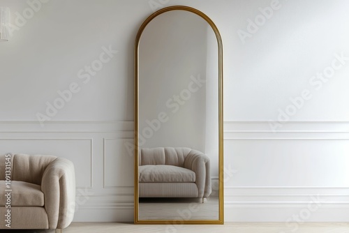 Elegant gold-framed mirror reflects beige sofa.