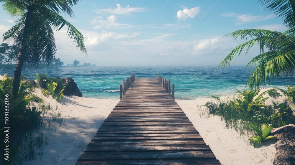 Fototapeta premium Tropical beach boardwalk leading to a serene ocean, framed by lush palm trees and vibrant island scenery under a clear blue sky.