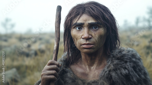 Denisovan hunter holding a staff in a prehistoric grassy landscape. The face is based on a reconstruction of a female Denisovan using DNA extracted from a pinky bone discovered in Siberia.	