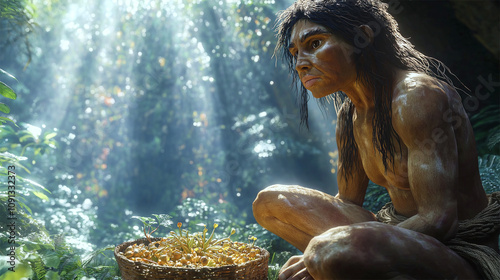 Denisovan gathering food in a sunlit prehistoric jungle with a woven basket.  
 photo