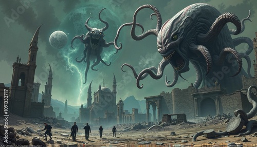 Colossal Lovecraftian Monsters Terrorizing Destroyed City Under Twilight Moon photo