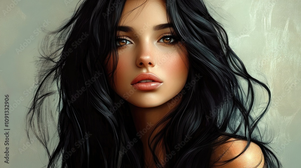 Fototapeta premium Portrait of a woman with lush, long black hair and captivating features, exuding elegance and allure with a soft, natural makeup look