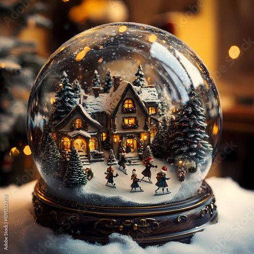 A detailed snow globe with a miniature festive town inside, swirling snowflakes, glowing Christmas trees, and tiny figures ice skating, ultra-realistic, with magical golden lighting