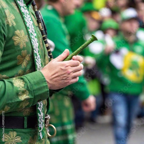 An extreme close-up of a musician playing the Irish tin whistle at a St. Patrick Day parade, with intricate Celtic designs on their green attire and the crowd in the background waving Irish flags. photo