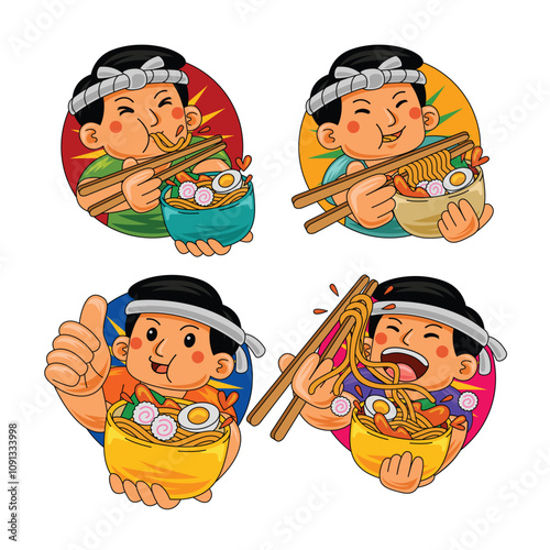 man eating ramen japan food vector illustration