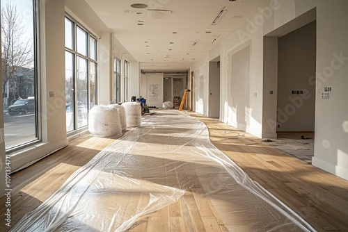 Sunlit Hallway Undergoing Interior Renovation and Flooring Installation