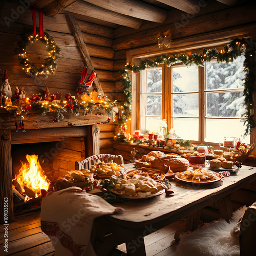 A rustic wooden cabin decorated with festive garlands, a crackling fireplace, a table overflowing with traditional Christmas food, warm golden light, snow visible through frosted windows