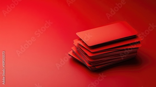 Stack of vibrant red credit cards placed on a striking red background, designed to highlight text or additional information.
