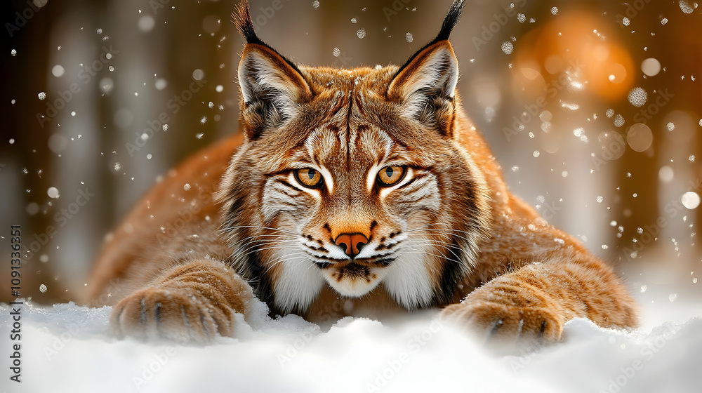 Fototapeta premium A Wild Lynx with Sharp Eyes Looking Directly at the Camera, Sitting on the Snow in a Winter Forest, With Snow Falling Around It