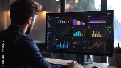 A focused professional analyzes detailed performance metrics displayed on a large screen in a well-lit office. Colorful graphs and charts provide insights into various data trends and statistics.