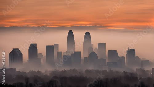 Silhouette of charlotte skyline under a soft morning mist with a glowing orange sunrise, Ai Generated