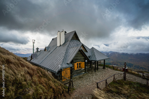 Fototapeta Naklejka Na Ścianę i Meble -  Stormy Weather over Połonina Wetlińska with Chatka Puchatka