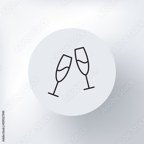 Linear icon of two champagne glasses, minimalist design on a light gray background, round template.