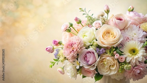 Elegant floral arrangement featuring mixed blooms in pastel colors against a soft, cream-colored background, botanical prints, wall art, flower arrangements, floral patterns, soft colors