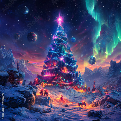 An alien planet celebrating Christmas, with alien creatures exchanging glowing gifts, a massive tree made of crystals, colorful auroras in the alien sky, sci-fi elements, highly detailed