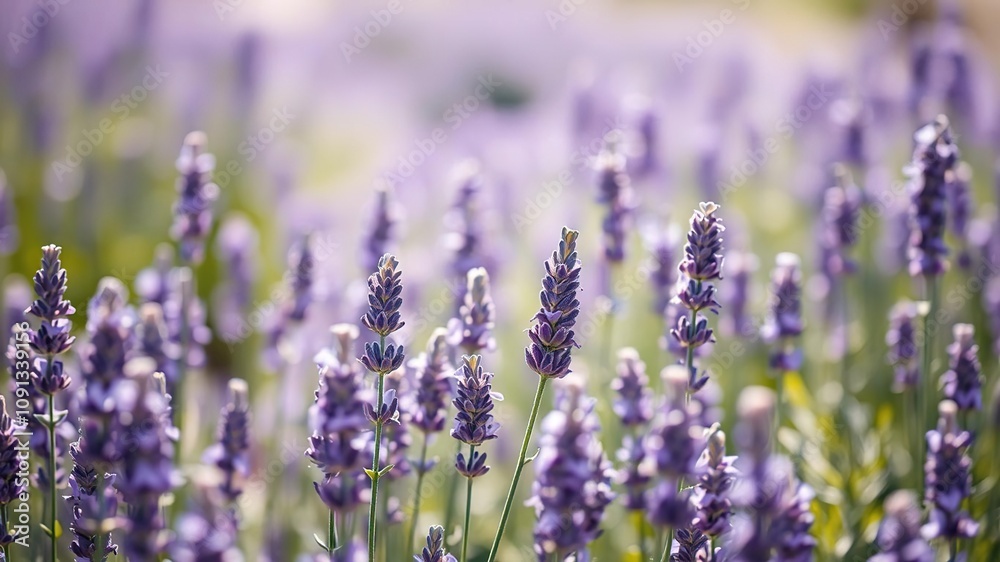 Obraz premium Aromatic fields of lavender in sunlight with soft focus background, rolling hills, bokeh photography, peaceful landscape