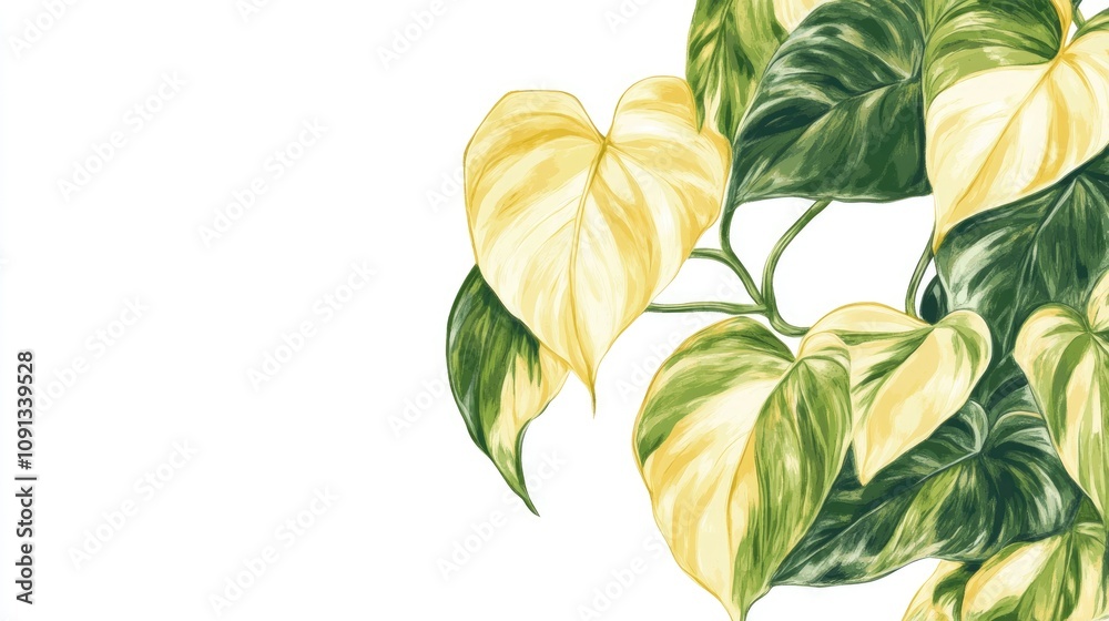 Obraz premium Tropical Philodendron Hederaceum Scandens with vibrant yellow-striped leaves on a white background showcasing its lush, heart-shaped foliage.