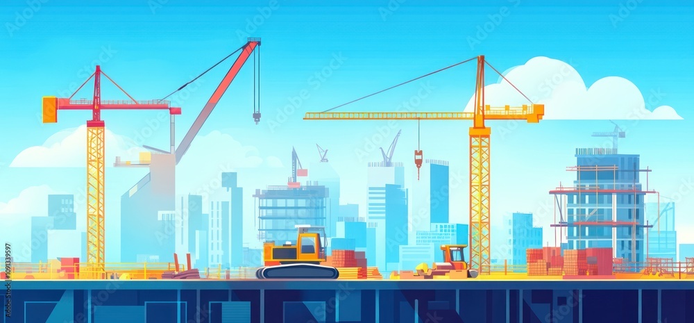 Obraz premium colorful flat illustration of the construction site with cranes and buildings, city skyline in the background