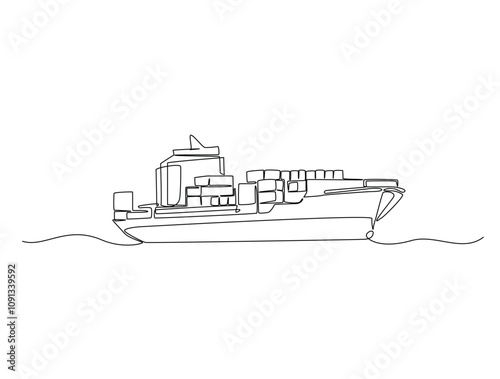 Continuous one line drawing of Container Cargo ship sailing. Cargo ship in single line vector illustration.