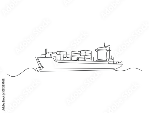 Continuous one line drawing of Container Cargo ship sailing. Cargo ship in single line vector illustration.