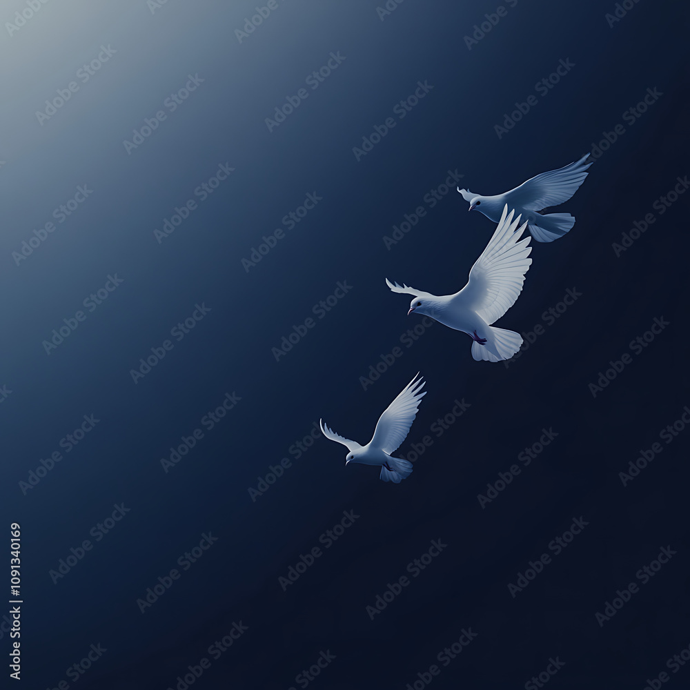 Fototapeta premium A dark blue background and subtle flying doves, blending into the atmosphere with ultra-high detail and minimalistic elegance