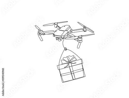 Continuous one line drawing of flying drone delivering box package. Drone shipment in single line art vector illustration. Editable vector.