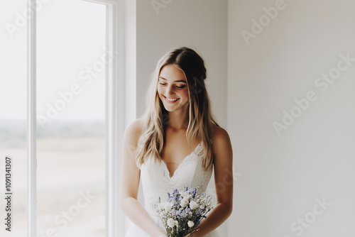 Radiant Bride Holding Bouquet by Sunlit Window in Elegant Wedding Dress