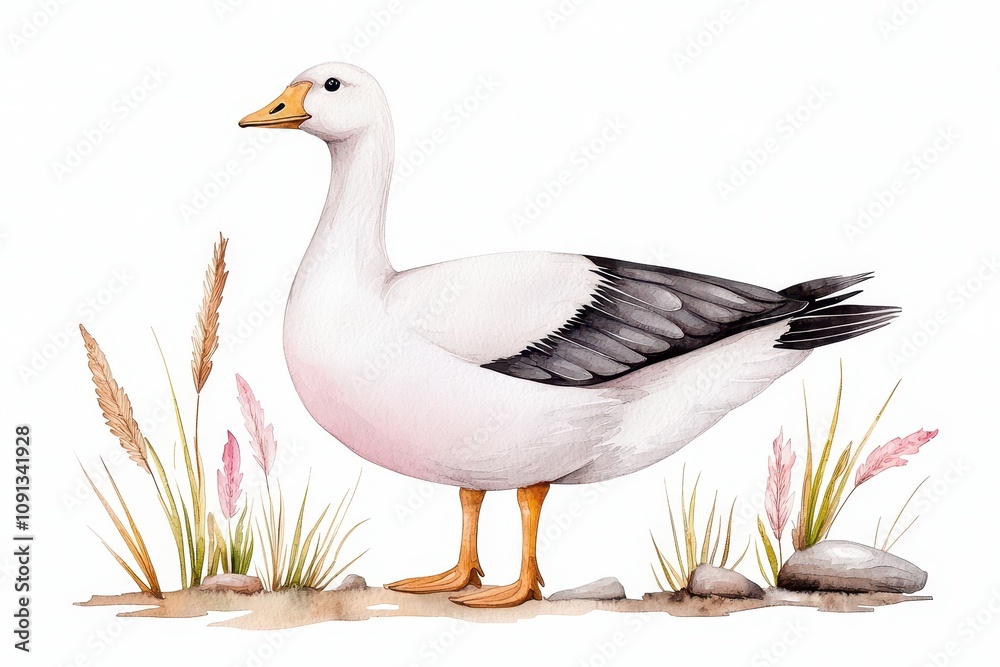 Obraz premium A detailed illustration of a white goose standing gracefully in nature.